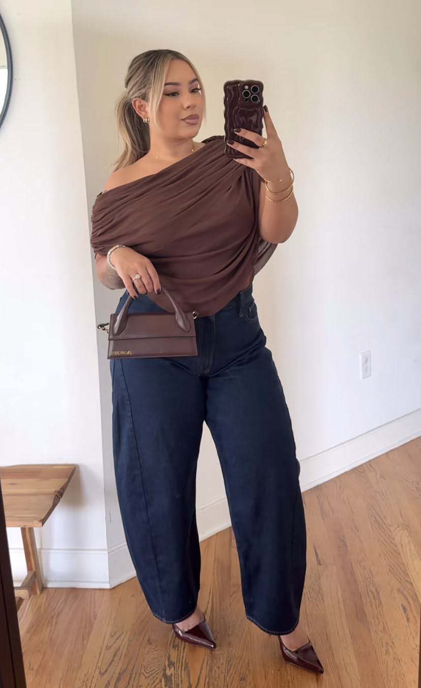 Brown One-Shoulder Top + Dark-Wash Wide-Leg Jeans + Pointed-Toe Flats