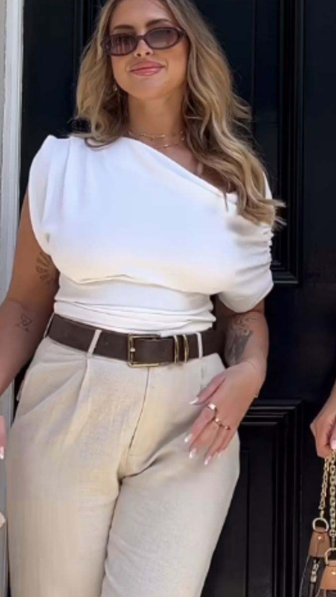 White One-Shoulder Top + Cream Tailored Trousers + Brown Leather Belt