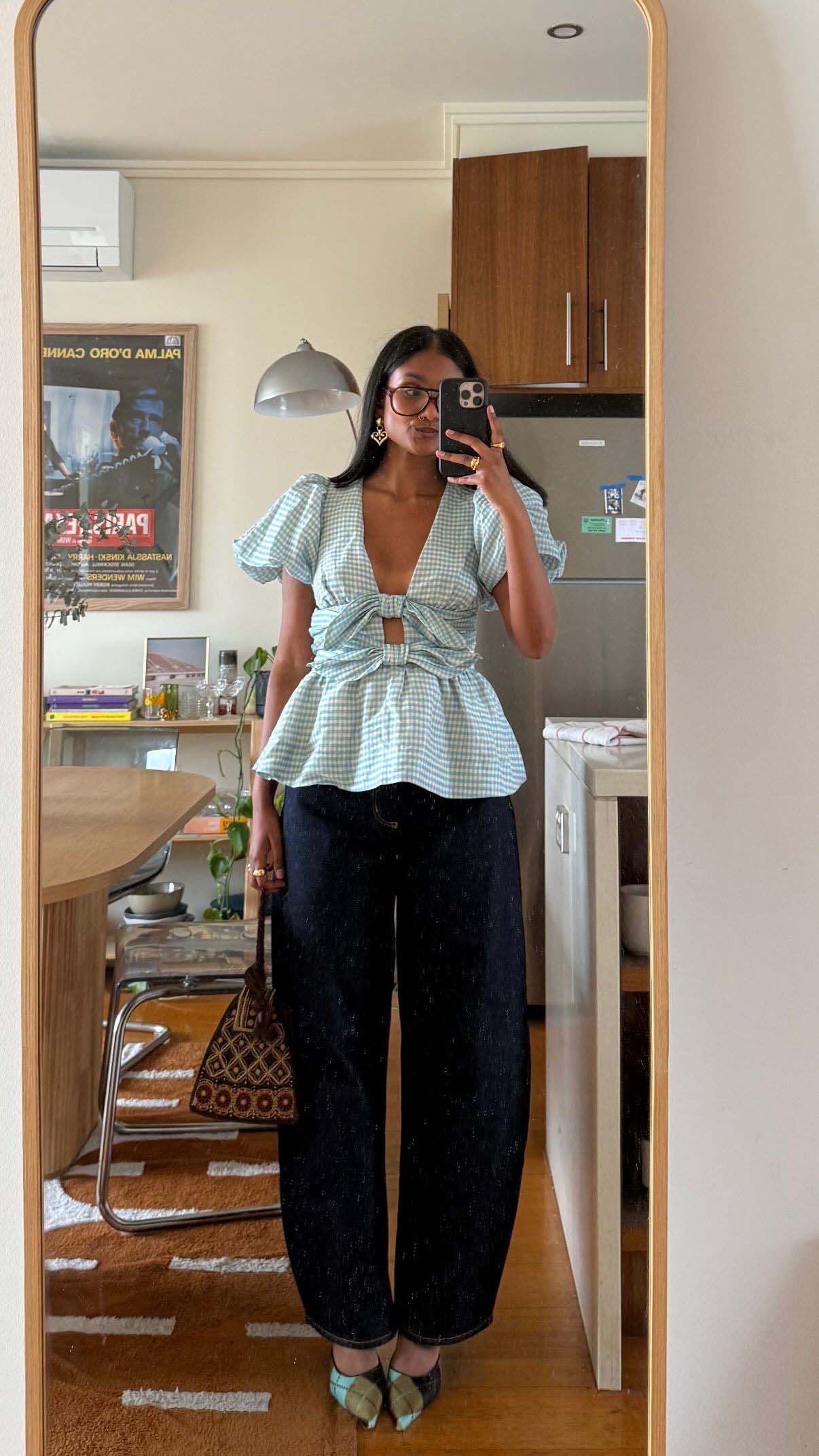 Gingham Peplum Top + Dark Wide-Leg Jeans + Green Heels
