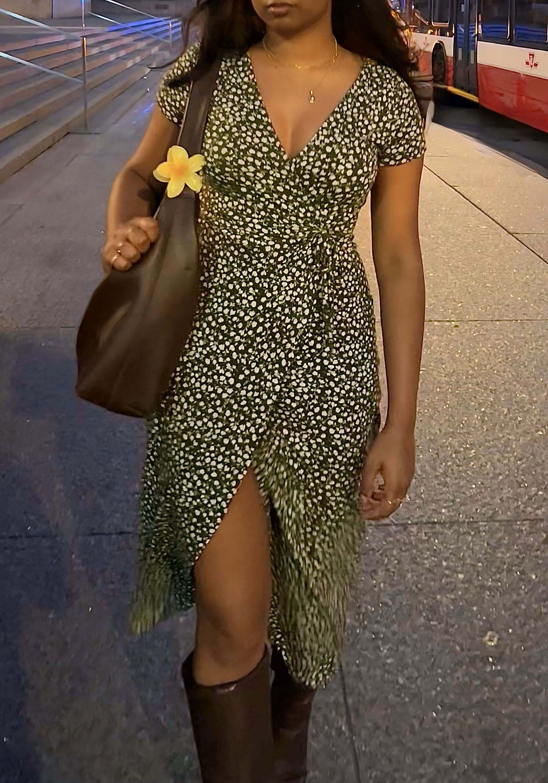 Black Floral Wrap Dress + Brown Knee-High Boots + Slouchy Tote Bag