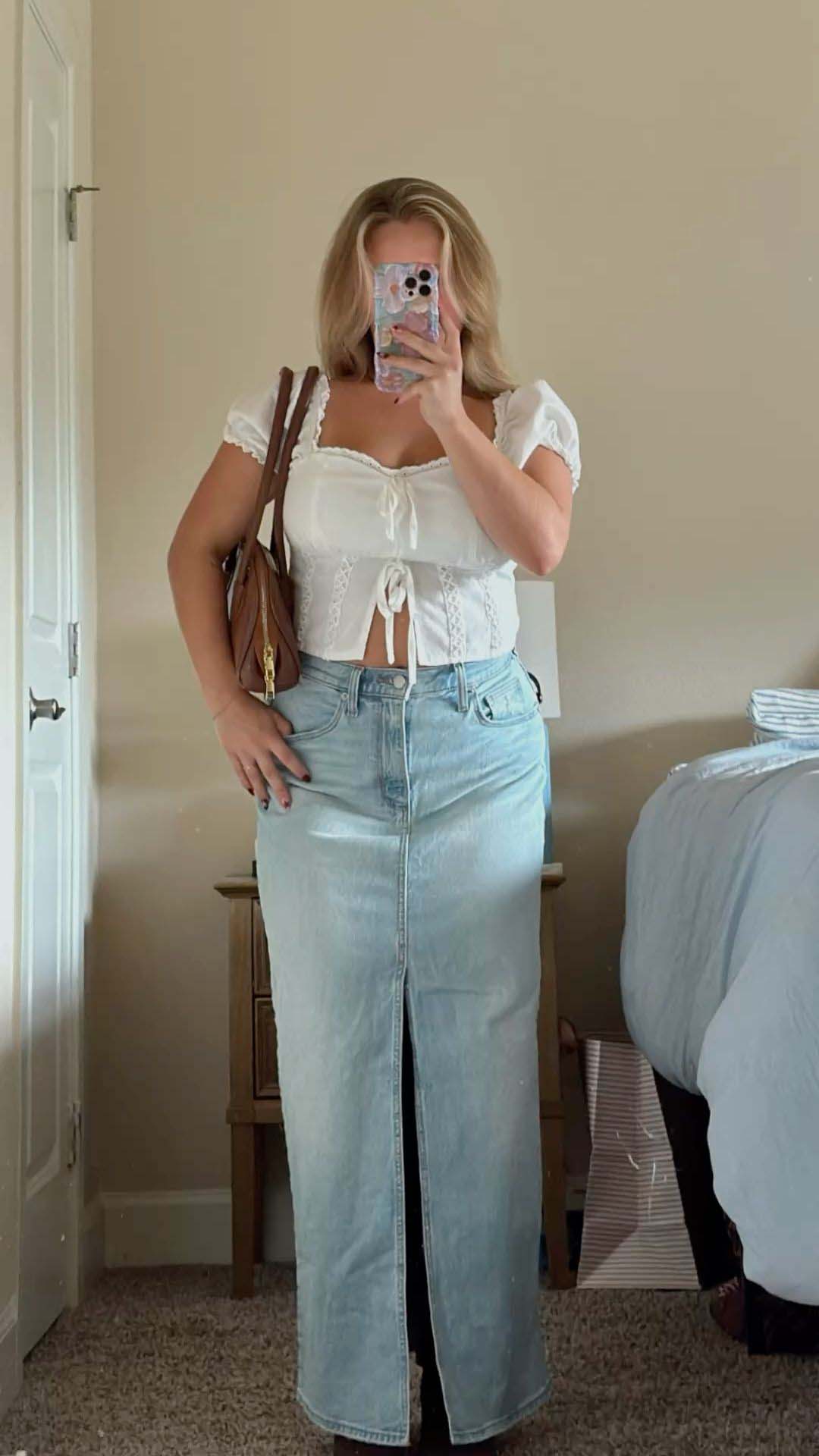 White Tie-Front Top + Light-Wash Denim Maxi Skirt + Brown Shoulder Bag