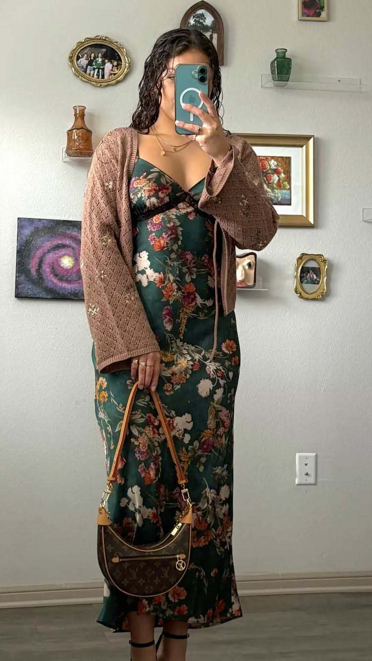 Taupe Knit Cardigan + Floral Maxi Dress + Brown Shoulder Bag
