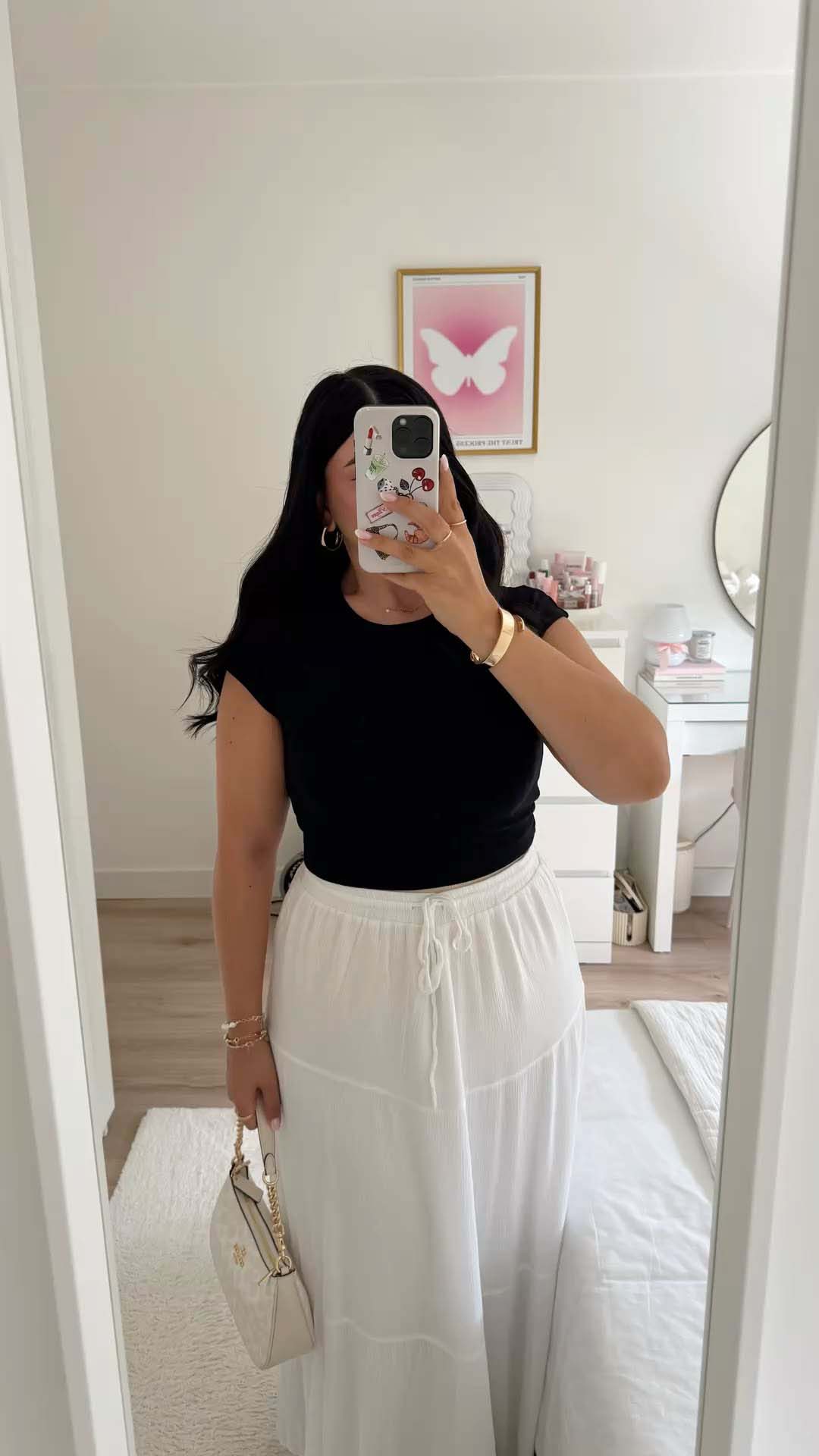 Black Fitted Tee + White Drawstring Maxi Skirt + Beige Handbag