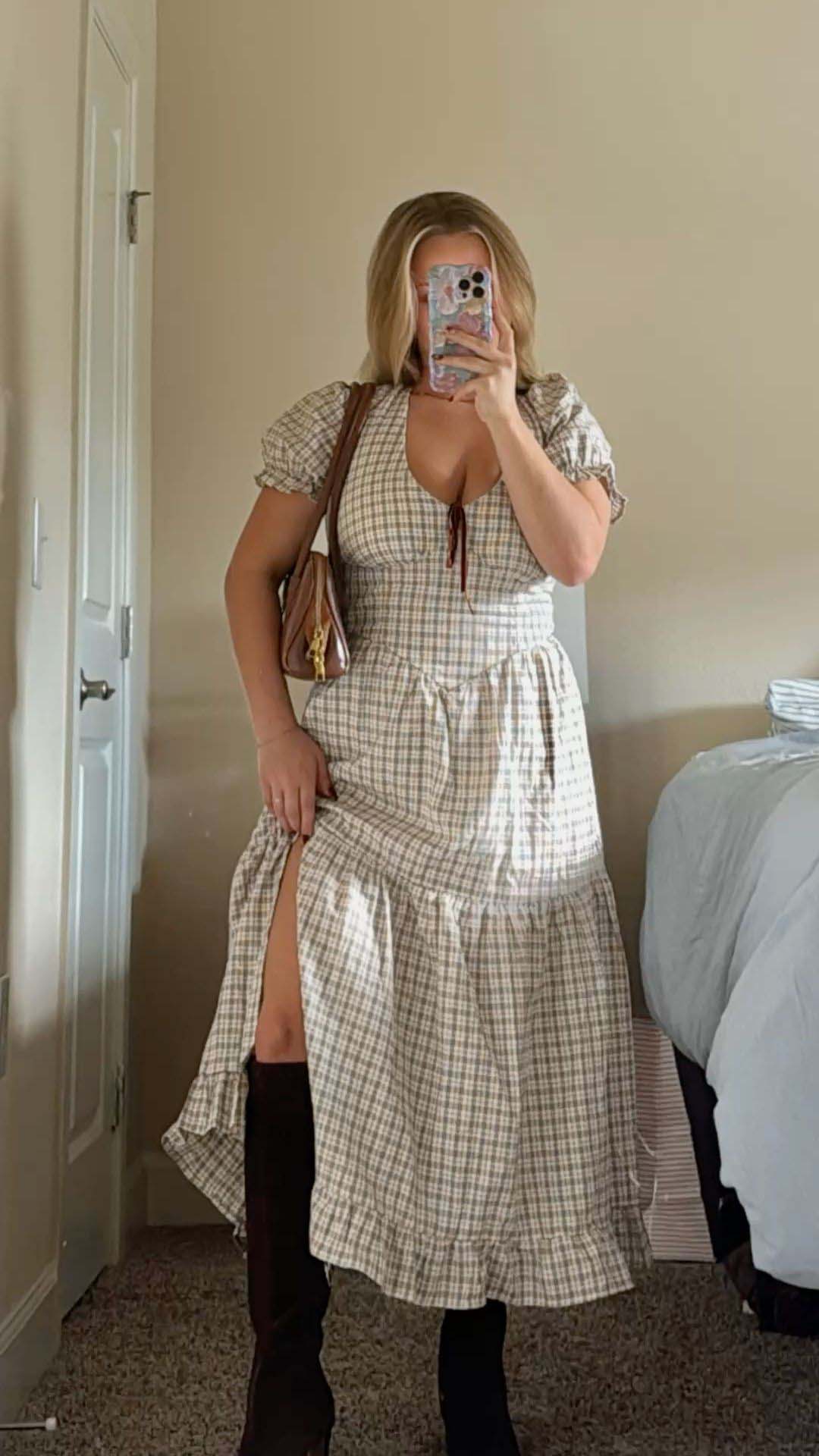 Checked Puff-Sleeve Midi Dress + Brown Knee-High Boots + Shoulder Bag
