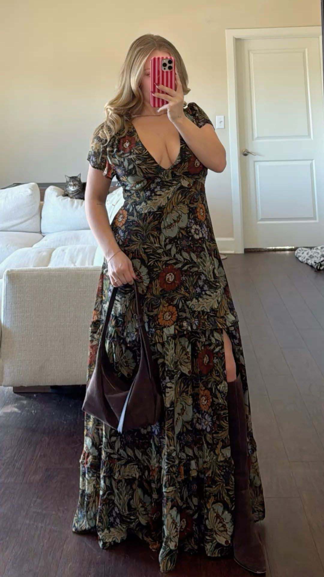 Dark Floral Maxi Dress + Brown Knee-High Boots + Oversized Brown Tote