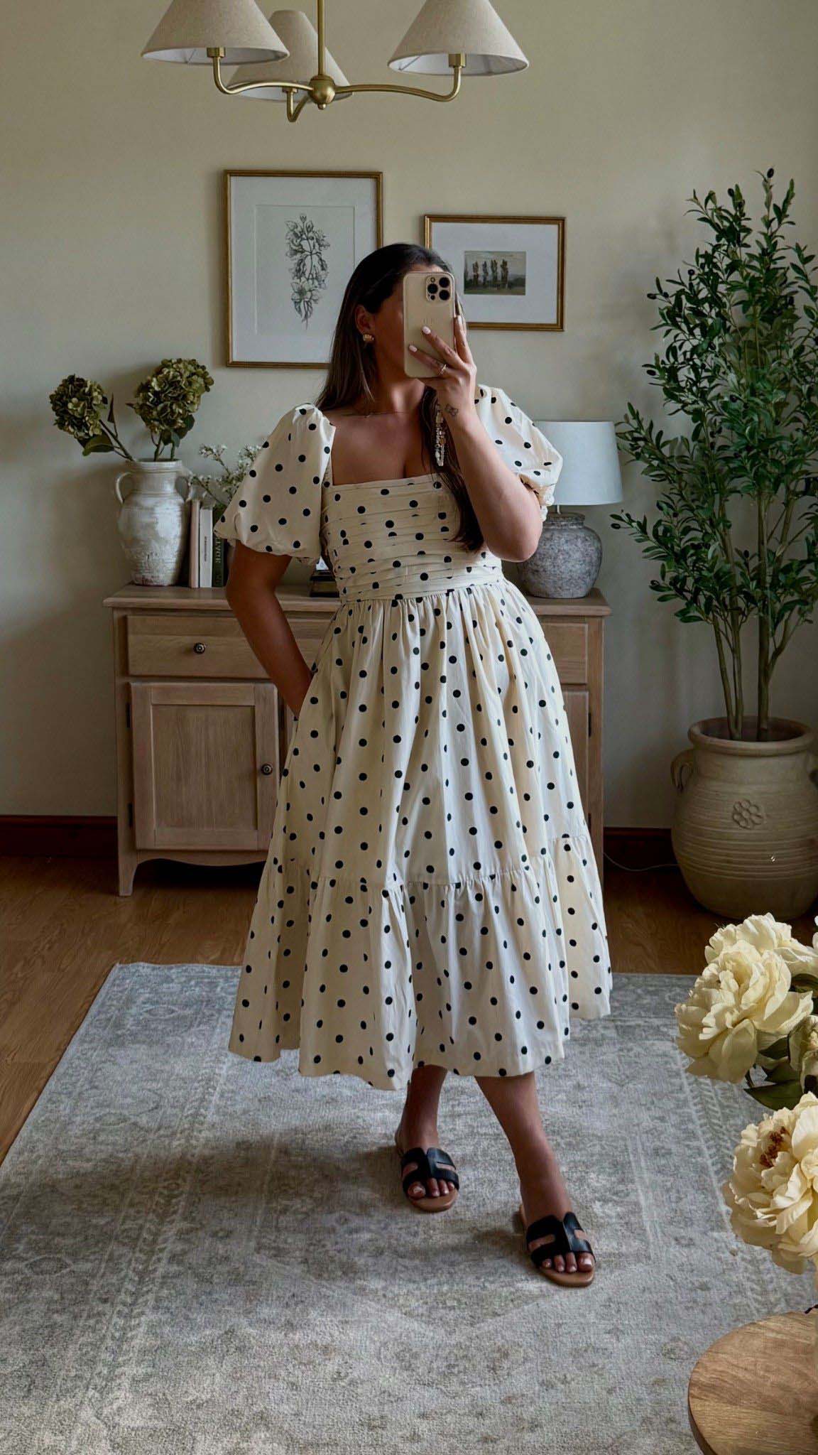 Cream Polka-Dot Midi Dress + Black Flat Sandals + Square-Neck Bodice