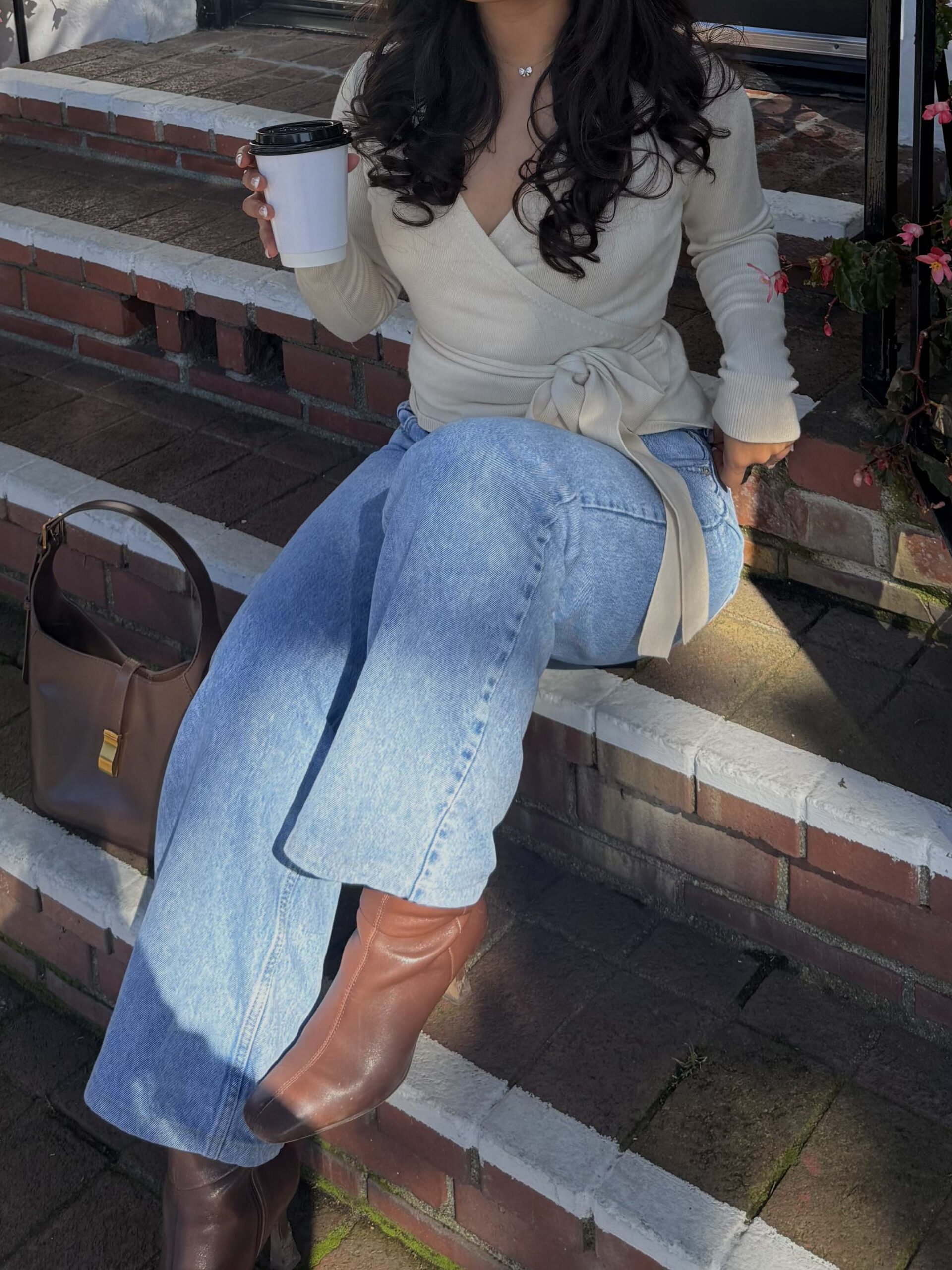 Beige Wrap Sweater + Light-Wash Wide-Leg Jeans + Brown Ankle Boots