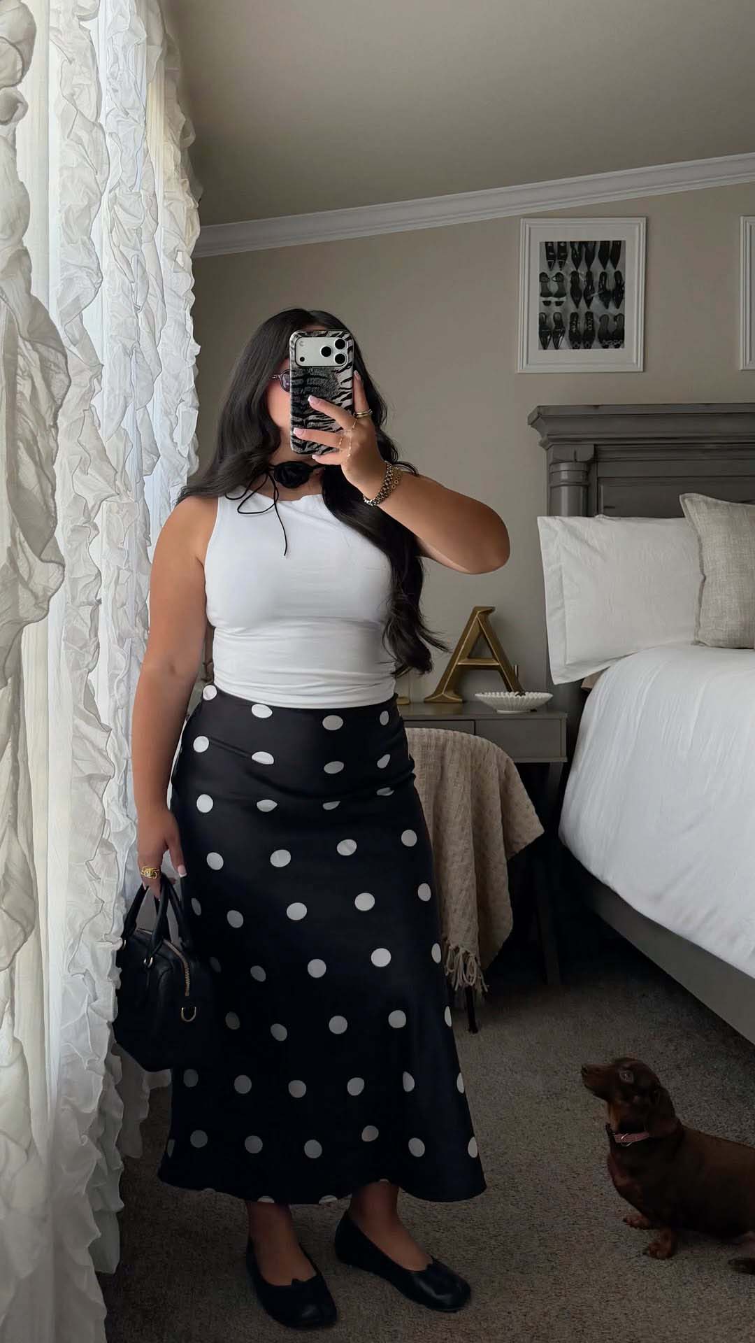 White Fitted Tank Top + Black Polka-Dot Midi Skirt + Black Ballet Flats
