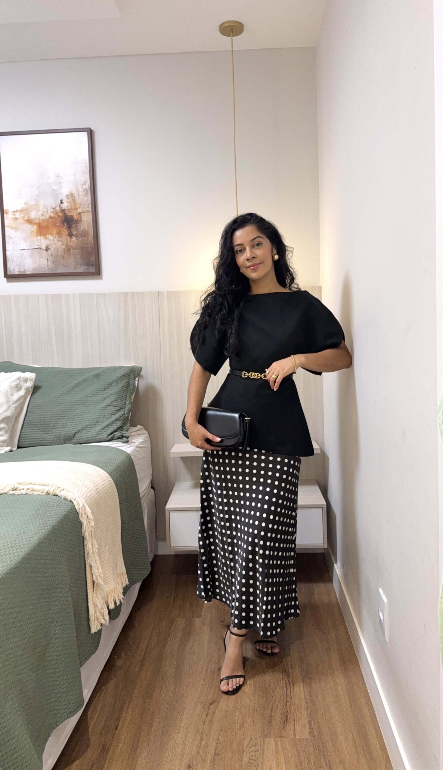 Black Puff-Sleeve Top + Polka-Dot Maxi Skirt + Black Strappy Sandals