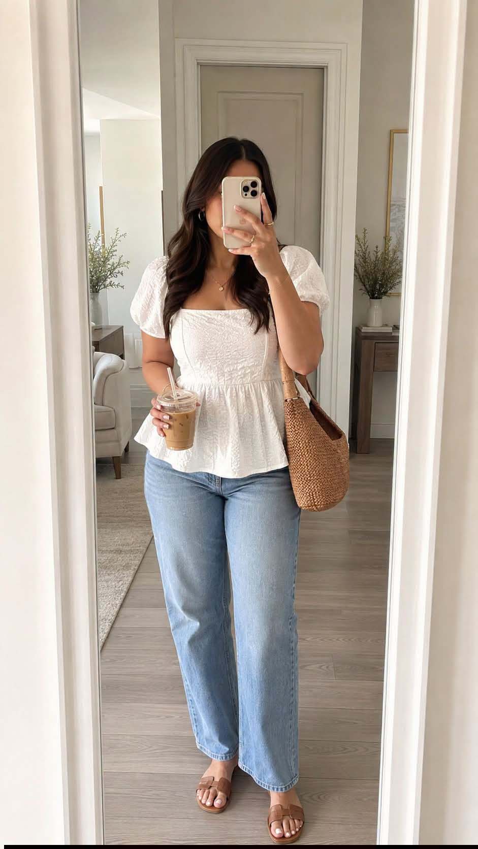 White Smocked Peplum Top + Light-Wash Straight-Leg Jeans + Tan Sandals