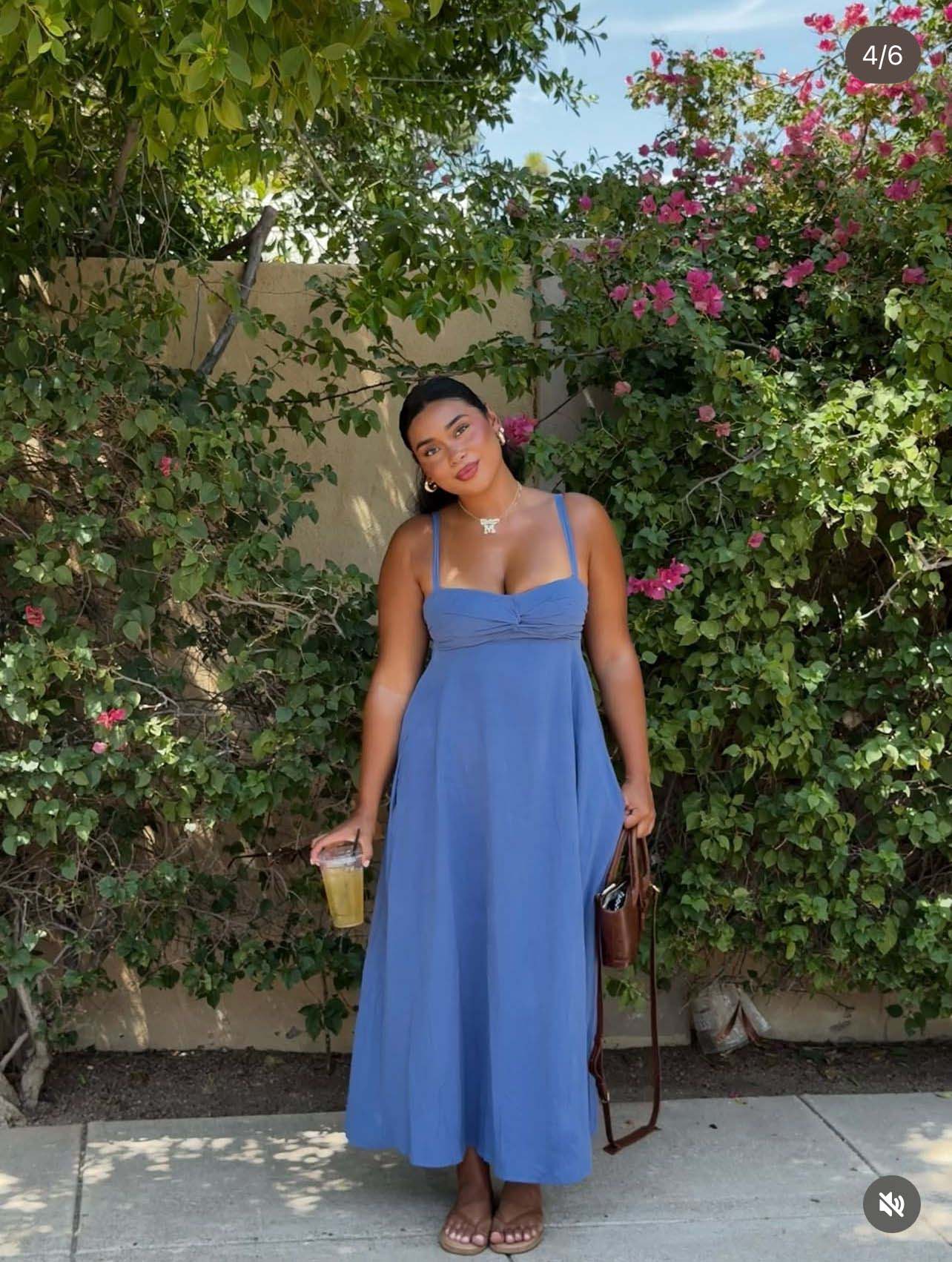 Blue Square-Neck Maxi Dress + Flat Brown Sandals + Brown Shoulder Bag