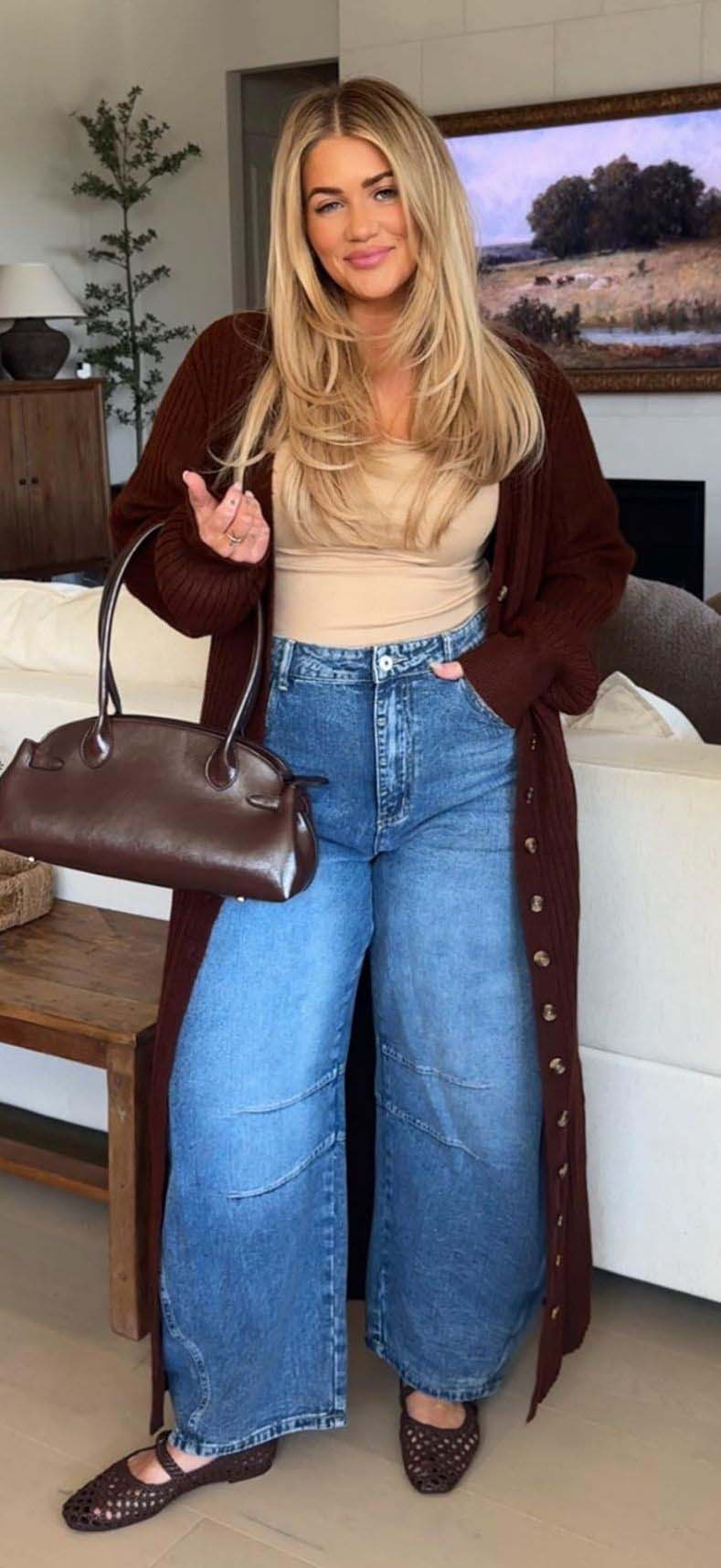 Burgundy Long Cardigan + Beige Fitted Top + Wide-Leg Blue Jeans